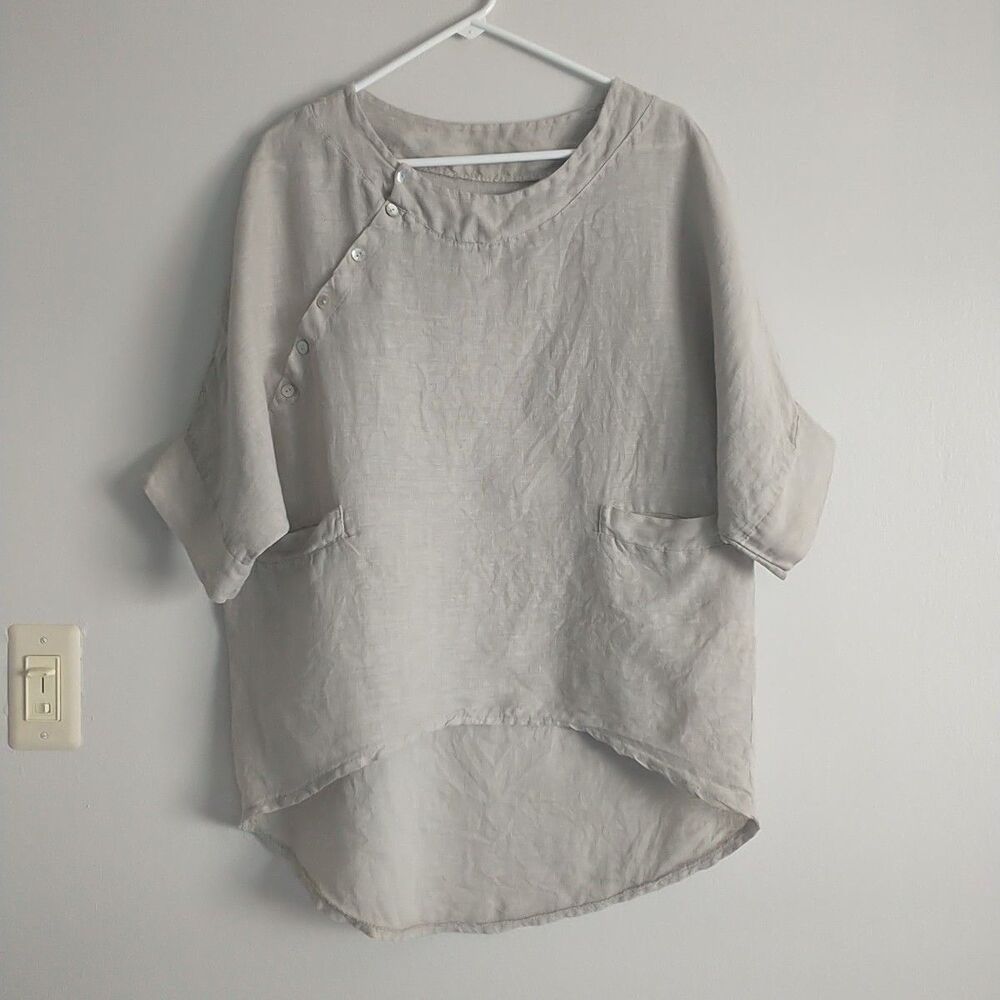 Pronto Moda Camomilla Top Blouse Womens XL Beige Linen Button Lagenlook Italy